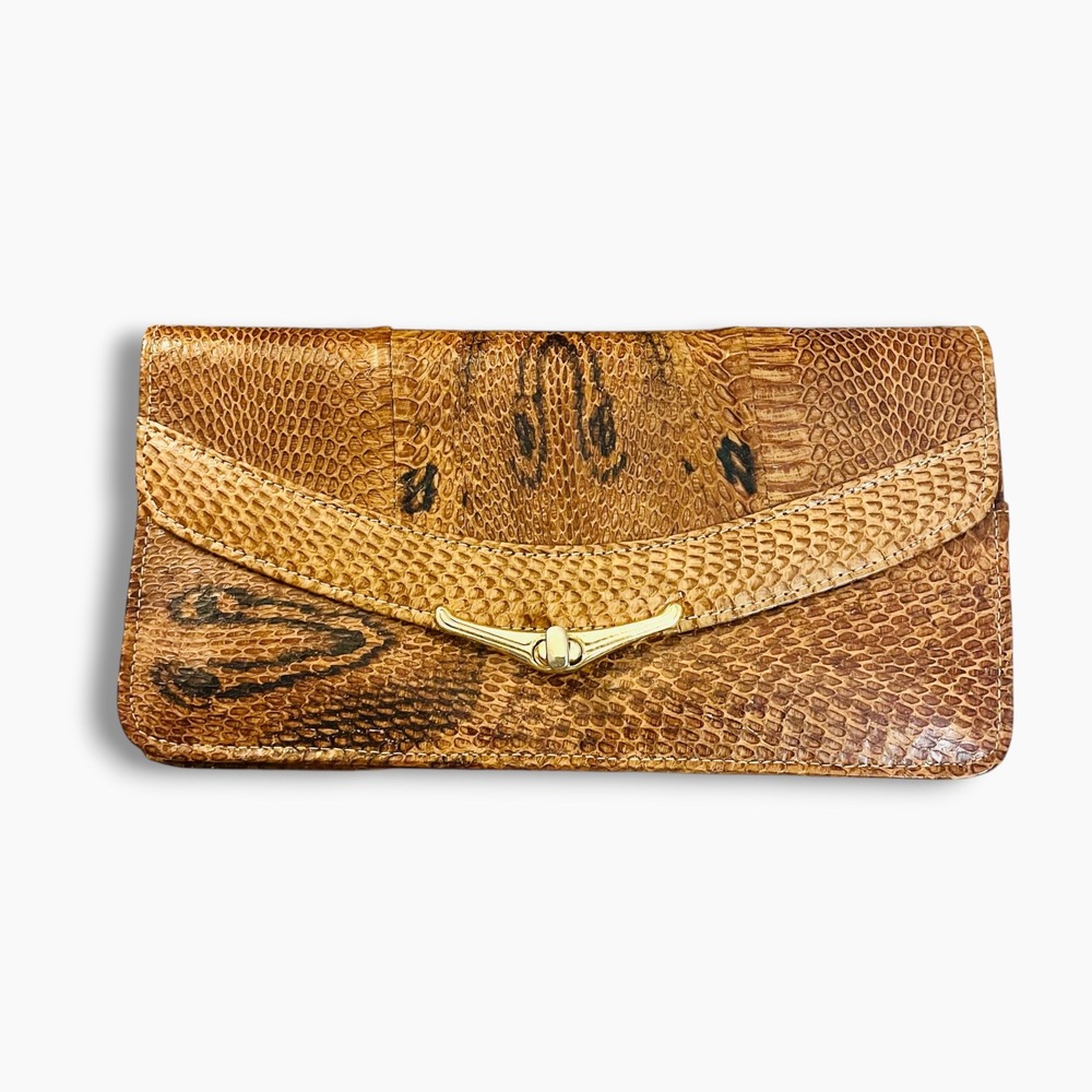 Vintage 1970s Snakeskin Clutch Bag Tan Brown Leather Envelope Wazir Zipper